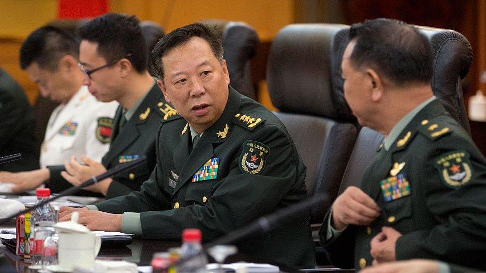 China's People's Liberation Army (PLA) General Li Zuocheng (C) speaks during a meeting with unseen US Army Chief of Staff General Mark Milley at the Bayi Building in Beijing on 16 August 2016.