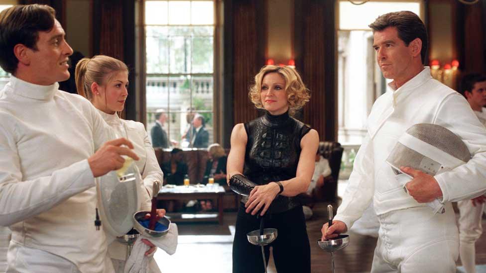 Toby Stephens, Rosamund Pike, Madonna and Pierce Brosnan in Die Another Day