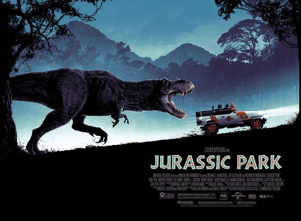 Matt Ferguson's Jurassic Park poster showing a T-Rex chasing a van