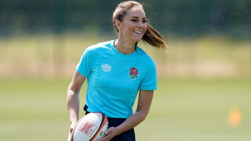 The Princess of Wales taking part in rugby drills during her visit to meet local and national male rugby players at Maidenhead Rugby Club, in Berkshire