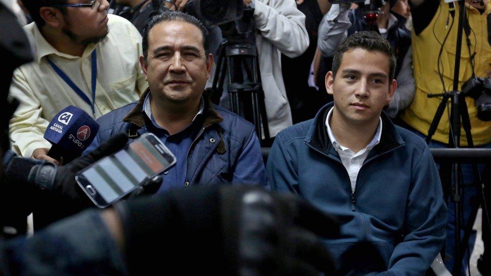 Samuel Morales and Jose Manuel Morales Marroquin, brother and son of Guatemalan President Jimmy Morales, appear before a court at the Tribunal Building, in Guatemala City, Guatemala, 18 January 2017