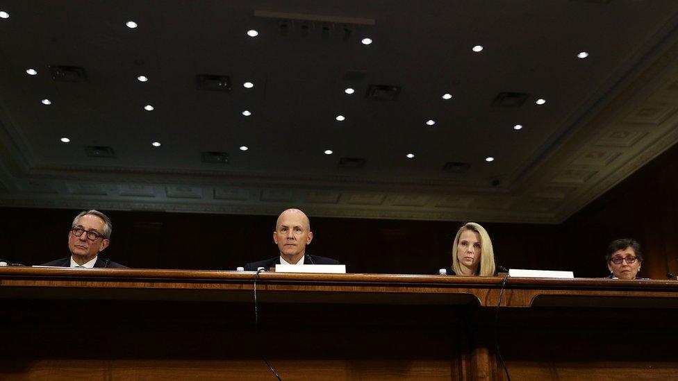 Interim CEO of Equifax Paulino Barros, former CEO of Equifax Richard Smith, former CEO of Yahoo Marissa Mayer, and Deputy General Counsel and Chief Privacy Officer for Verizon Communications Karen Zacharia testify during a hearing before Senate Commerce, Science and Transportation Committee November 8, 2017 on Capitol Hill in Washington, DC.