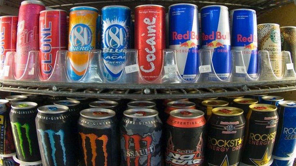 Energy drinks on a shelf