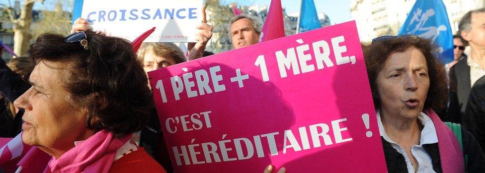 Anti-same sex marriage activists of the anti-gay marriage movement 'la Manif pour Tous' protest during a demonstration, a few hours after the French Parliament adopted gay marriage law at the Assemblee Nationale on April 23, 2013