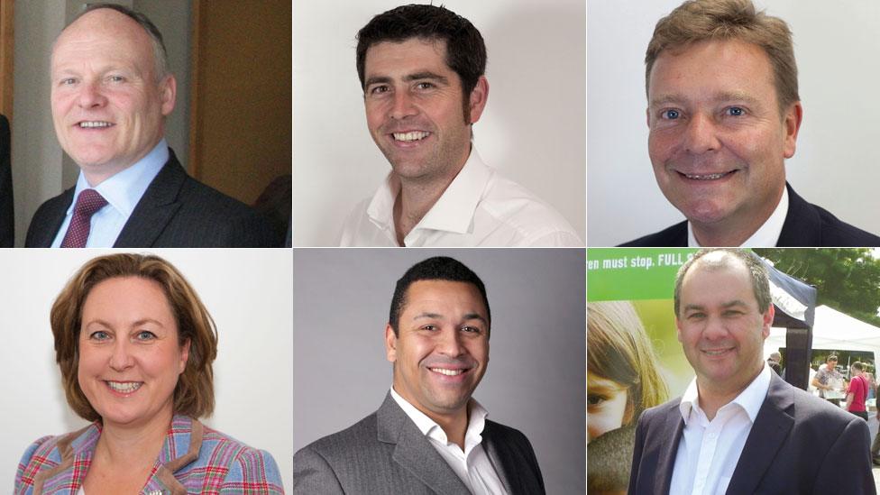 (Right to left) Royston Smith, Scott Mann, Craig Mackinlay, Anne-Marie Trevelyan, James Cleverly and Paul Scully.