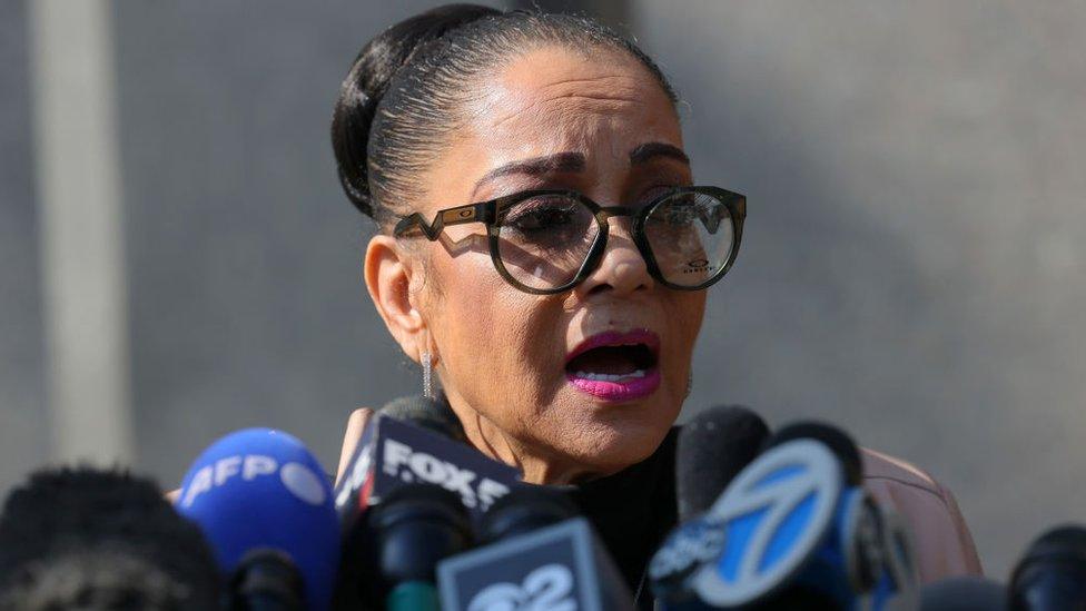 Kathryn Townsend Griffin, daughter of composer Ed Townsend, gives a statement to reporters as she arrives for musician Ed Sheeran's copyright-infringement trial at Manhattan Federal Court on April 25, 2023