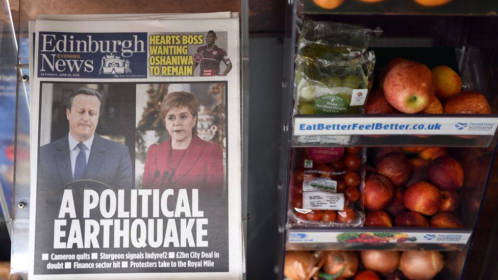 A newspaper headline on the UK's EU referendum result reading, "A political earthquake"