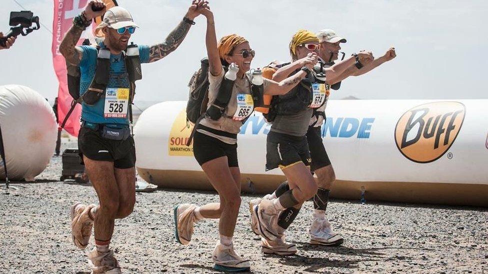 Sophie Raworth finishing the Marathon des Sables