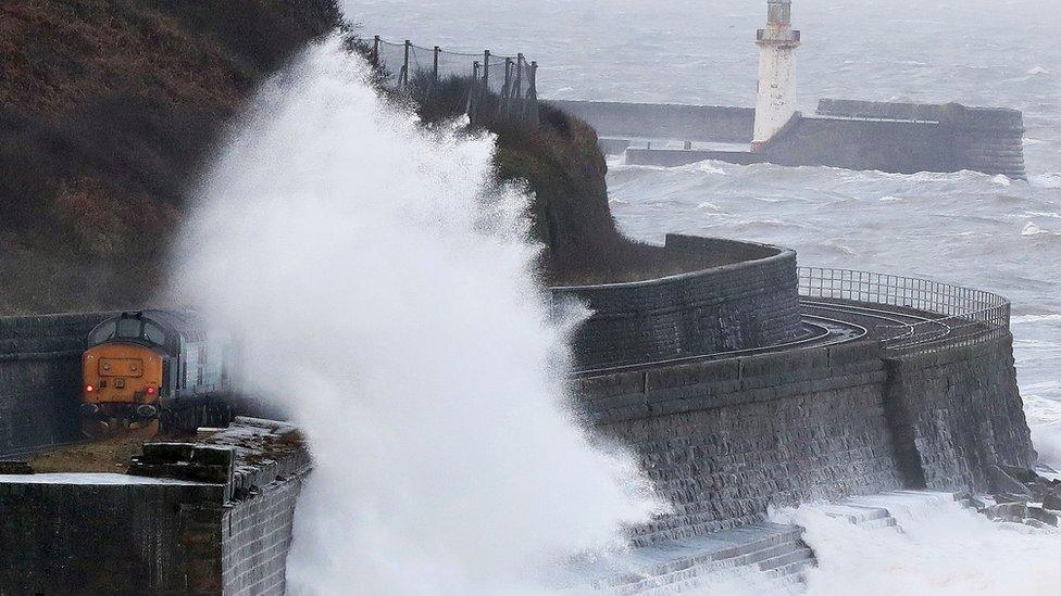 Waves smother a train near Whitehaven