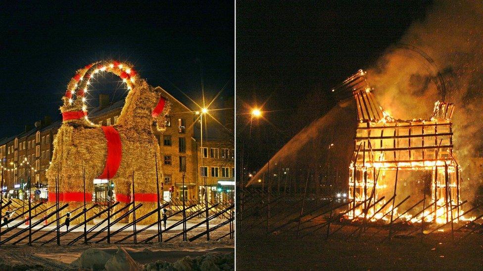 A composite image of the straw goat intact, and in flames