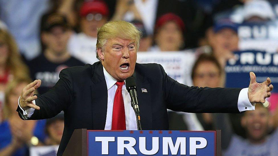 Republican presidential candidate Donald Trump speaks at the CFE Arena during a campaign stop