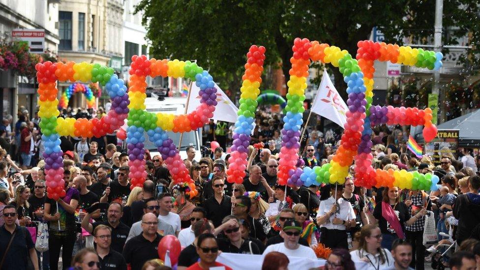 Pride word spelt out in balloons