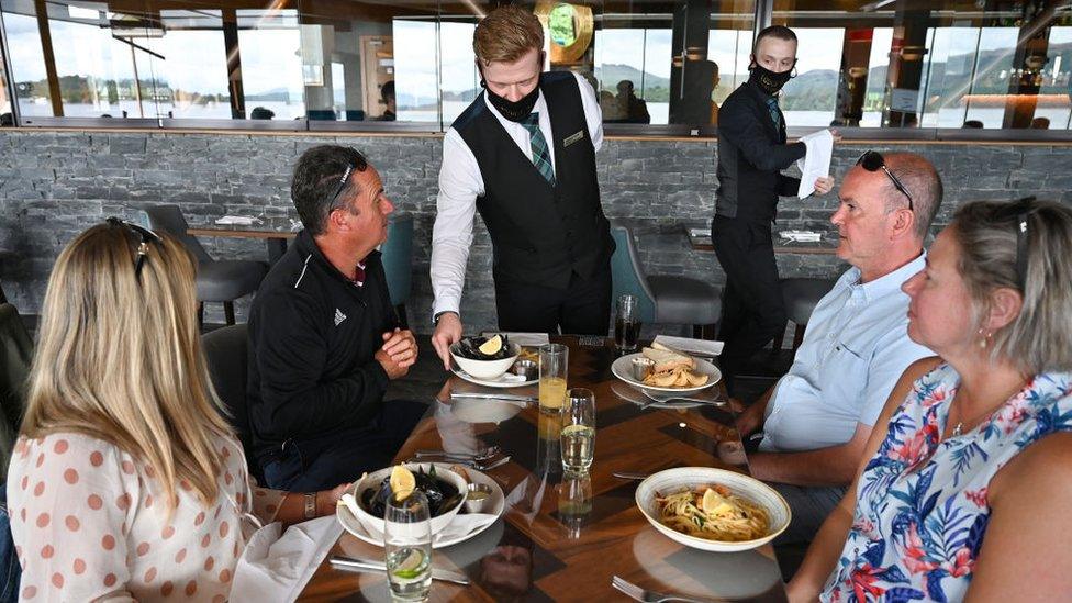 Members of the public and staff attend lunch at Colquhoun's Restaurant at the Lodge on Loch Lomond on August 03, 2020 in Luss, Scotland.