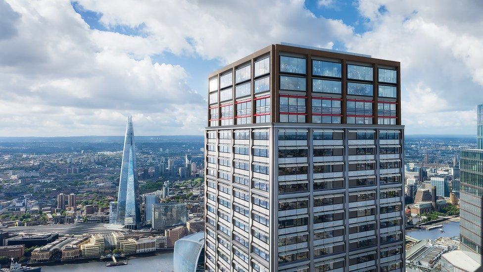 One undershaft mock-up with The Shard seen on the other side of the river