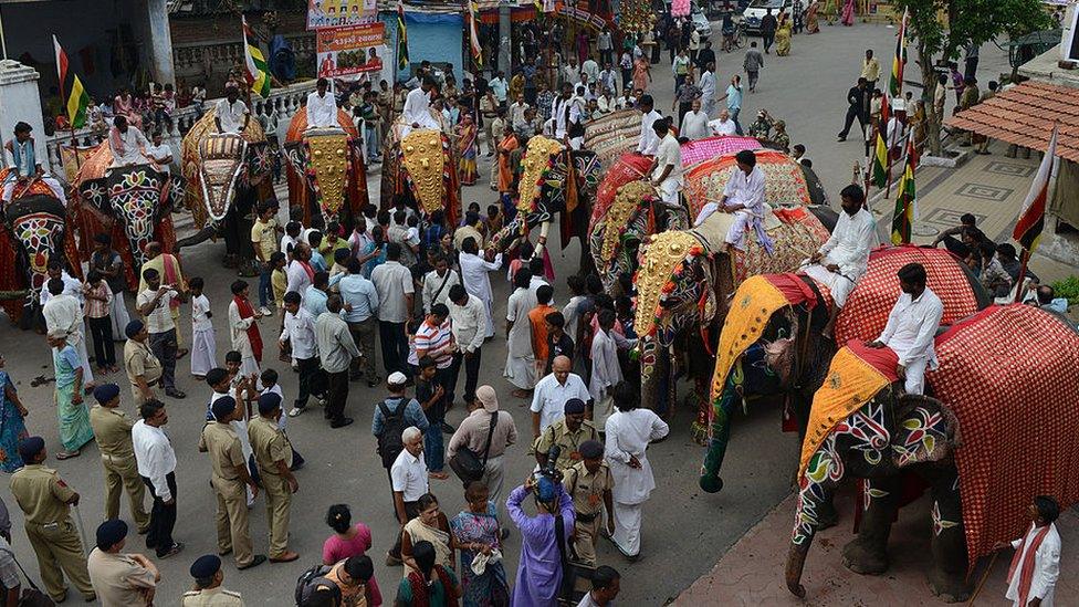 Decorated elephants stand prior to the arrival of Gujarat state Chief Minister, Narendra Modi to offer prayers at the the Lord Jagannath Mandir in Ahmedabad on July 9, 2013