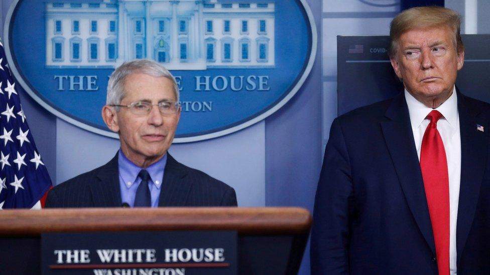 US President Donald Trump looks at National Institute of Allergy and Infectious Diseases Director Dr Anthony Fauci as he answers a question during the daily Coronavirus task force briefing at the White House in Washington, 17 April, 2020.