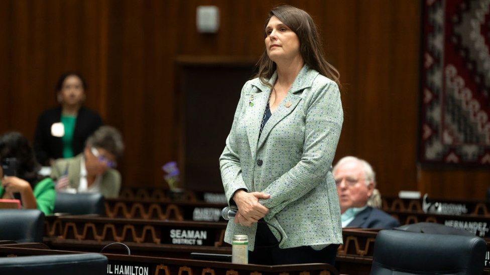 Arizona State Rep. Stephanie Stahl Hamilton listens during a legislative session at the Arizona House of Representatives on April 17, 2024 in Phoenix, Arizona.