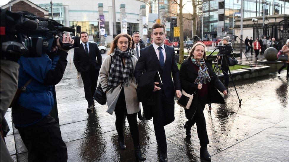 The case involving Paddy Jackson, centre, attracted huge media attention over nine weeks