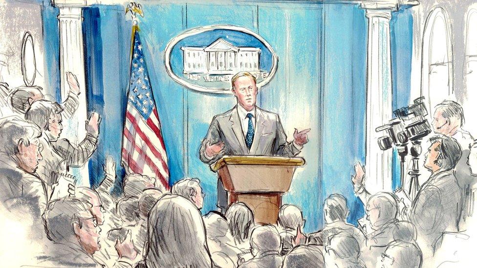 Sketch by Bill Hennessy of Sean Spicer at a White House press briefing