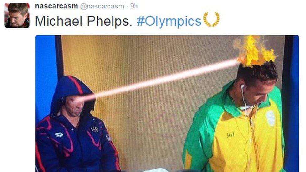 Michael Phelps with laser eyes aimed at opponent's head