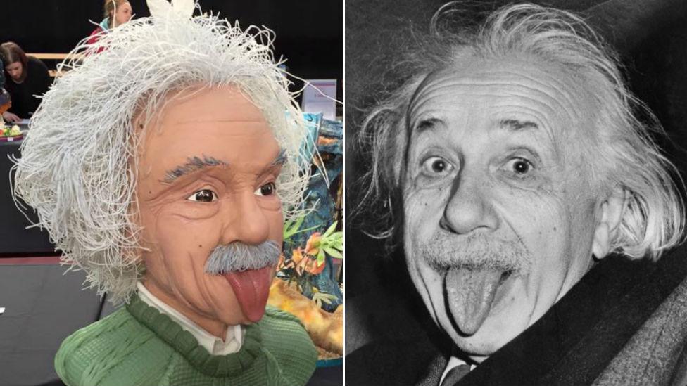 Einstein cake alongside the real man