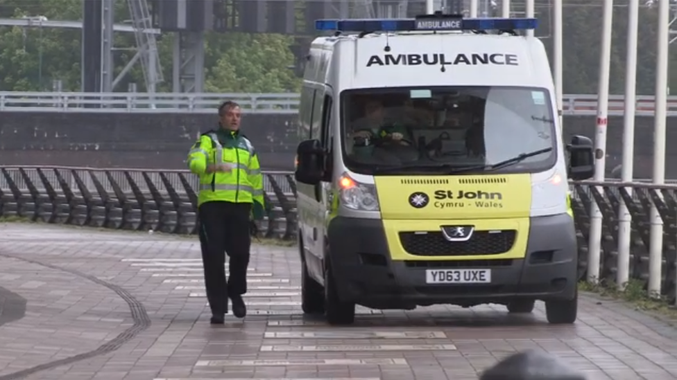 An ambulance arriving at the Dragon's Heart field hospital at the Principality Stadium