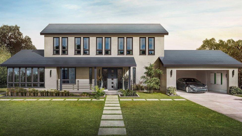 Graphic of home with solar roof tiles, electric cars and wall-mounted storage batteries