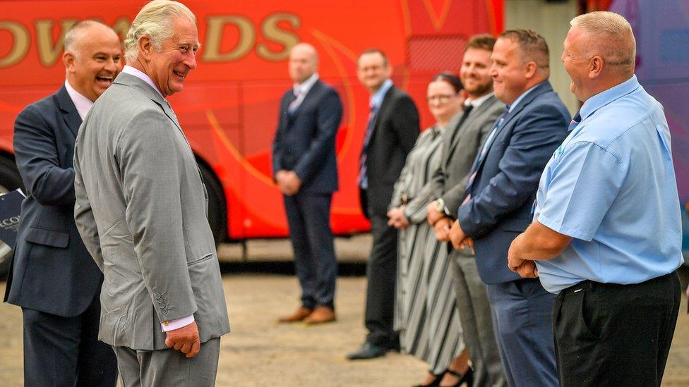 Prince Charles meets staff at Edwards Coaches in Mountain Ash, Rhondda Cynon Taff