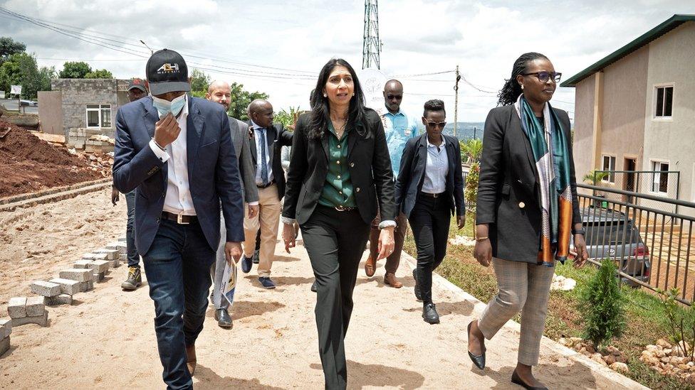 Former Home Secretary Suella Braverman toured a building site on the outskirts of Kigali during a visit to Rwanda in March