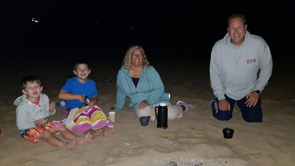 Kathryn Donovan and her family on Aberavon Beach, Port Talbot