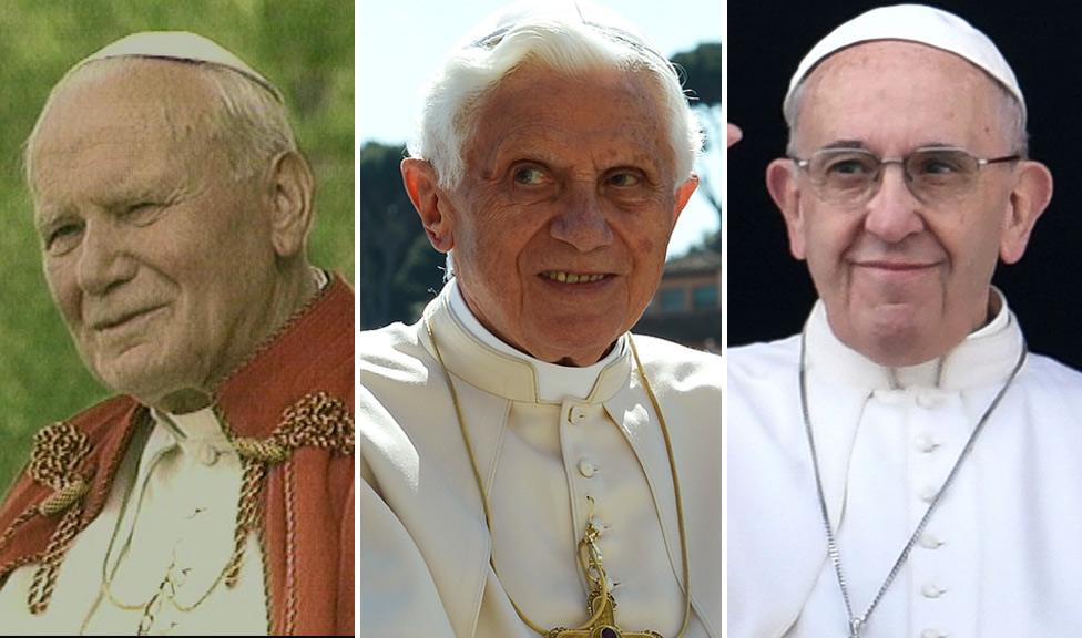 Pope John Paul II, Pope Benedict and Pope Francis