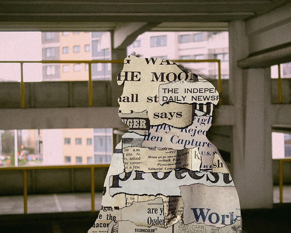 A piece of art showing a figure made out of newspaper clippings in a concrete structure