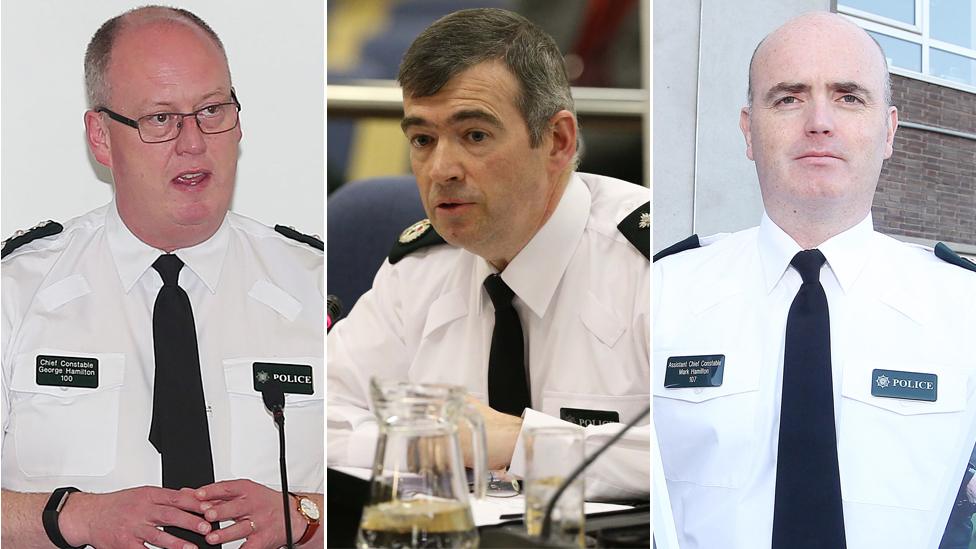 George Hamilton, PSNI Chief Constable (left), Drew Harris, Deputy Chief Constable (centre) and Mark Hamilton, Assistant Chief Constable (right)