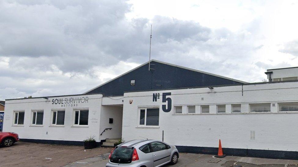 Soul Survivor church in Watford, a white and dark grey building.