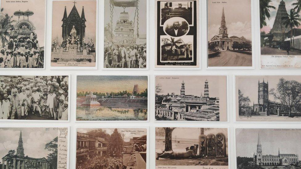 A collection of postcards showing people, monuments and other sights from different Indian cities