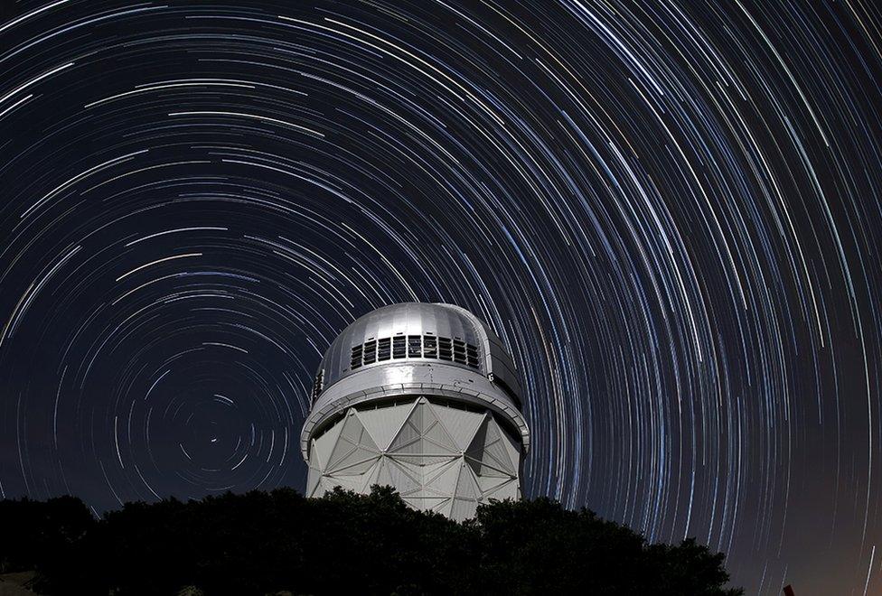 Star trails over the Nicholas U Mayall 4-meter Telescope on Kitt Peak National Observatory near Tucson, Arizona