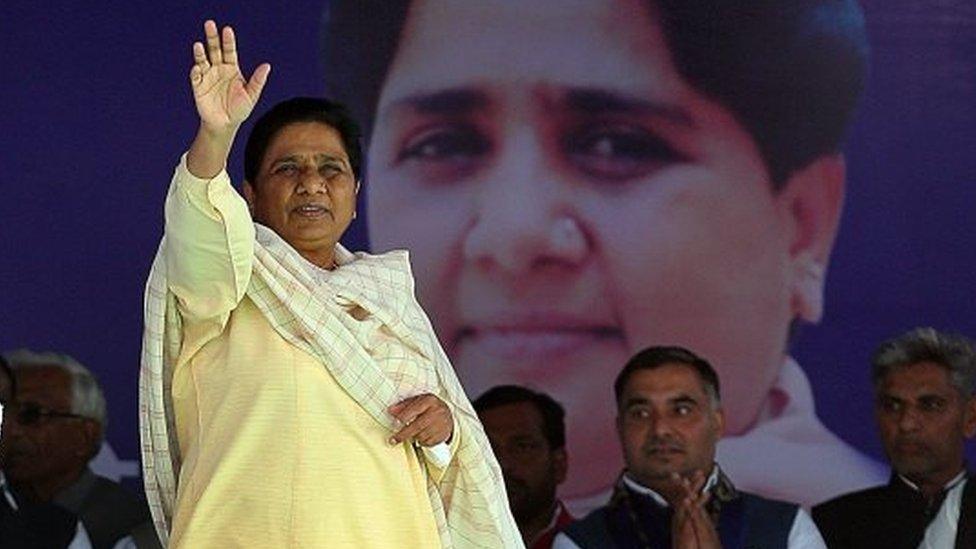 Bahujan Samaj Party (BSP) leader and former Uttar Pradesh Chief Minister Mayawati waves to her supporters at an election rally in Ghaziabad on 07 February 2017