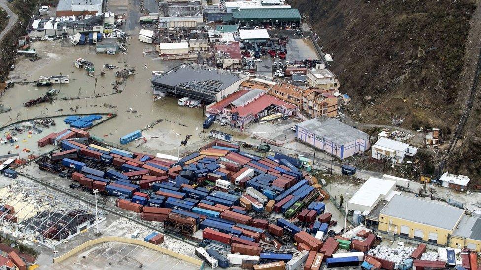 n aerial photography taken and released by the Dutch department of Defense on September 6, 2017 shows the damage of Hurricane Irma in Philipsburg, on the Dutch Caribbean island of Sint Maarten