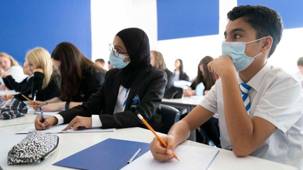 Children wearing face masks in classroom