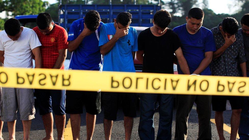 Members and associates of the Mara Salvatrucha (MS-13) gang are presented to the media