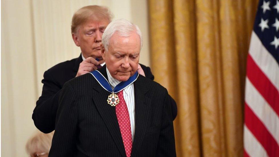 US President Donald Trump awards the Presidential Medal of Freedom to retiring Utah US Senator Orrin Hatch at the White House