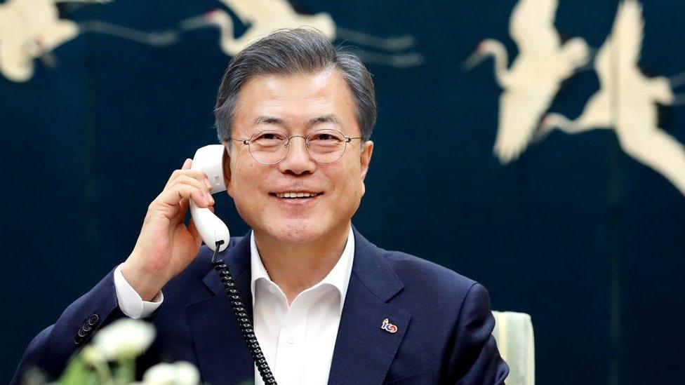 In this handout image provided by South Korean Presidential Blue House, South Korean President Moon Jae-in talks on the phone with U.S. President Donald Trump over the upcoming second summit between U.S. President Donald Trump and North Korean leader Kim Jong-un on February 19, 2019 in Hanoi, Vietnam.