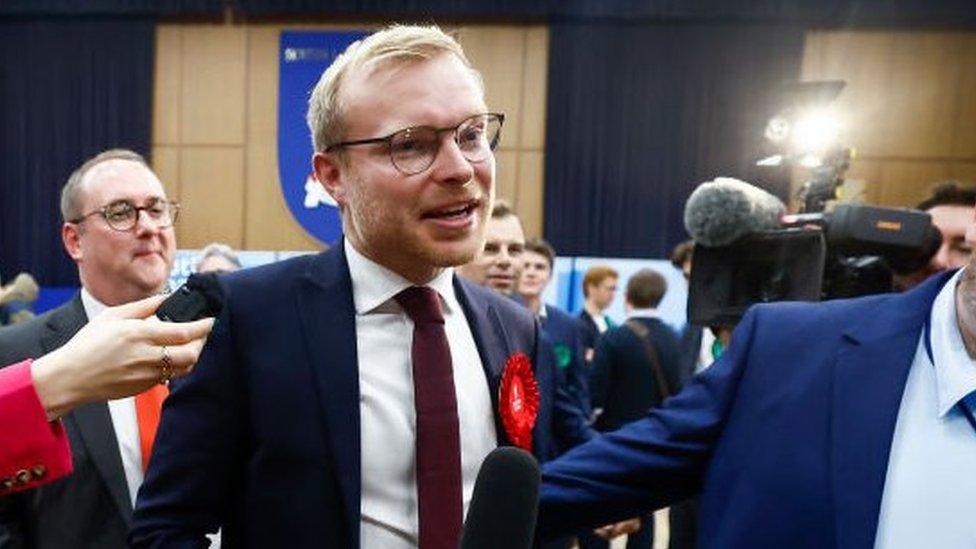 Scottish Labour candidate Michael Shanks smiles at the count of the Rutherglen and Hamilton West by-election