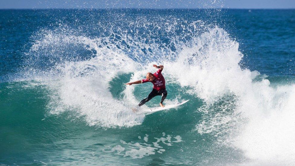 11-time WSL Champion Kelly Slater of the United States advances to Round 4 of the 2019 Corona Open J-Bay on 13 July 2019 in Jeffreys Bay, South Africa.