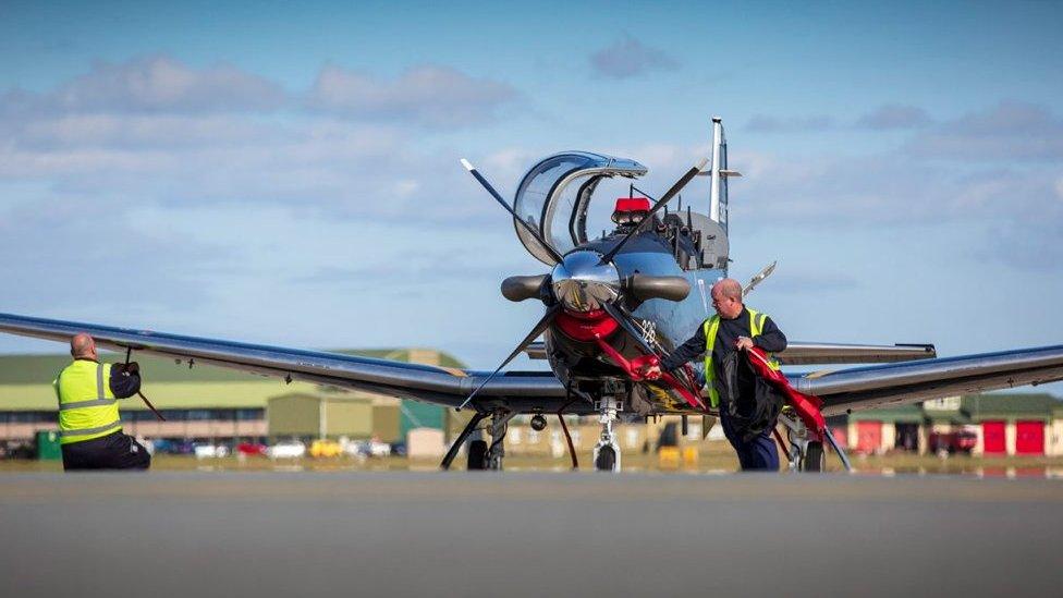 Texan T1 prop plane on runway at RAF Valley, Anglesey