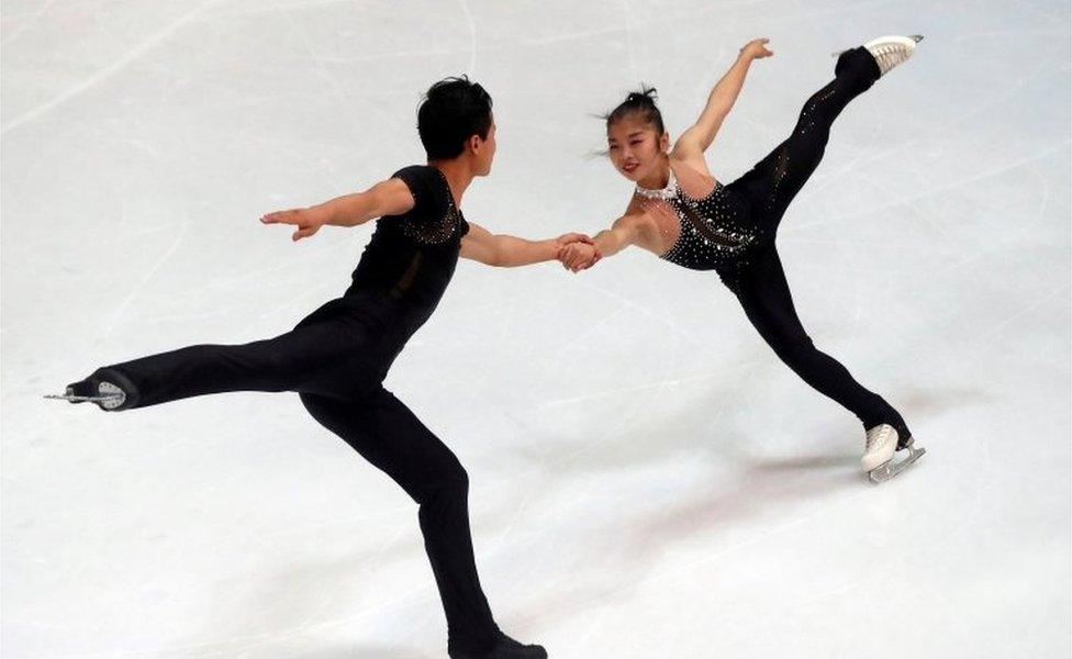 FILE PHOTO: Figure Skating - Olympic Qualifying ISU Challenger Series - Pairs Free Skating - Oberstdorf, Germany - September 29, 2017 - Ryom Tae-Ok and Kim Ju-Sik of North Korea compete.