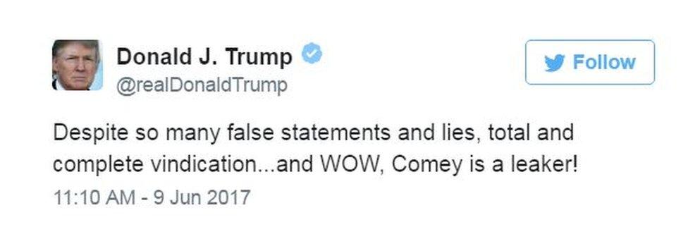 Trump's tweet, "Despite so many false statements and lies, total and complete vindication...and WOW, Comey is a leaker!"