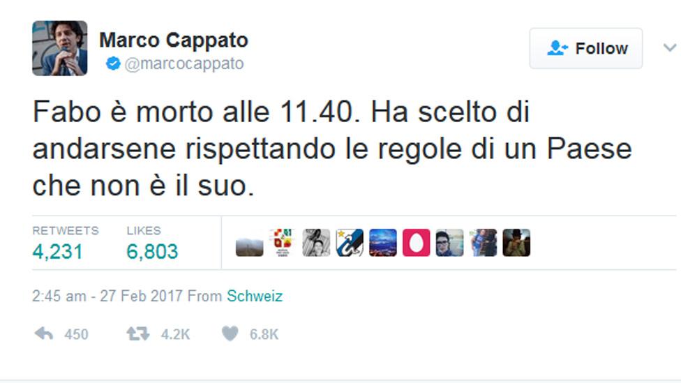 Tweet from the account of Marco Cappato