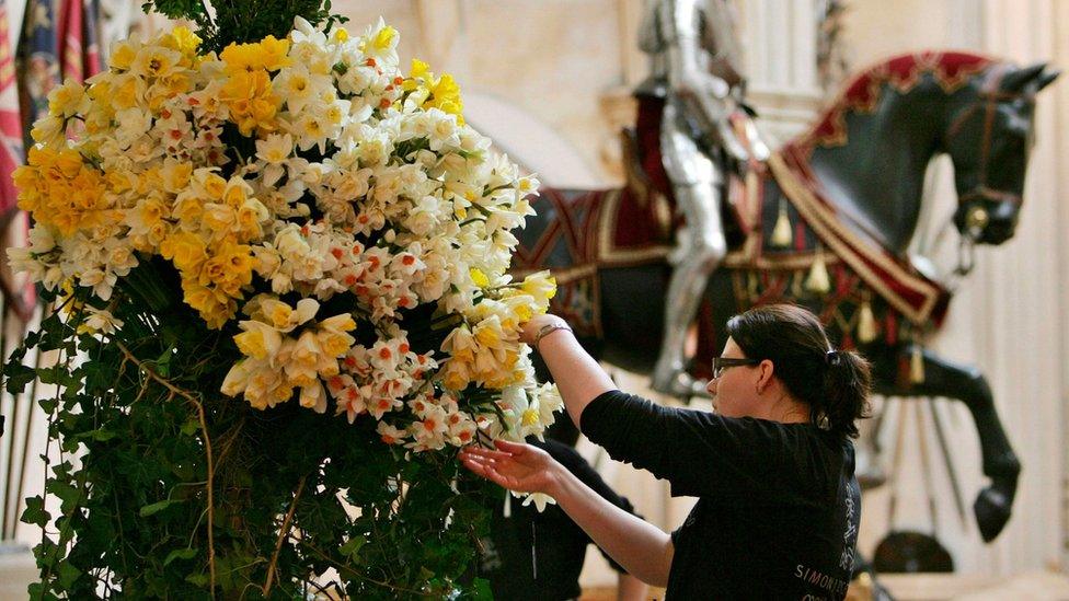 Thousands of daffodils are arranged on the Grand Staircase in Windsor Castle