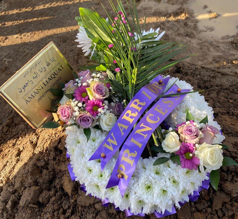 Flowers and a plaque put in place at the funeral of Anami Liaquat on 22 February 2022